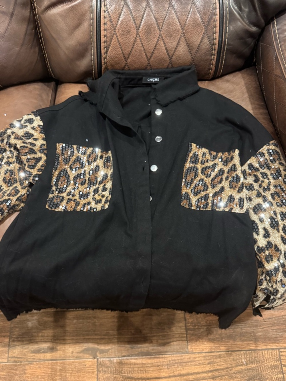 CHICME Black Jacket with Leopard Sequin Pockets & Sleeves. Small